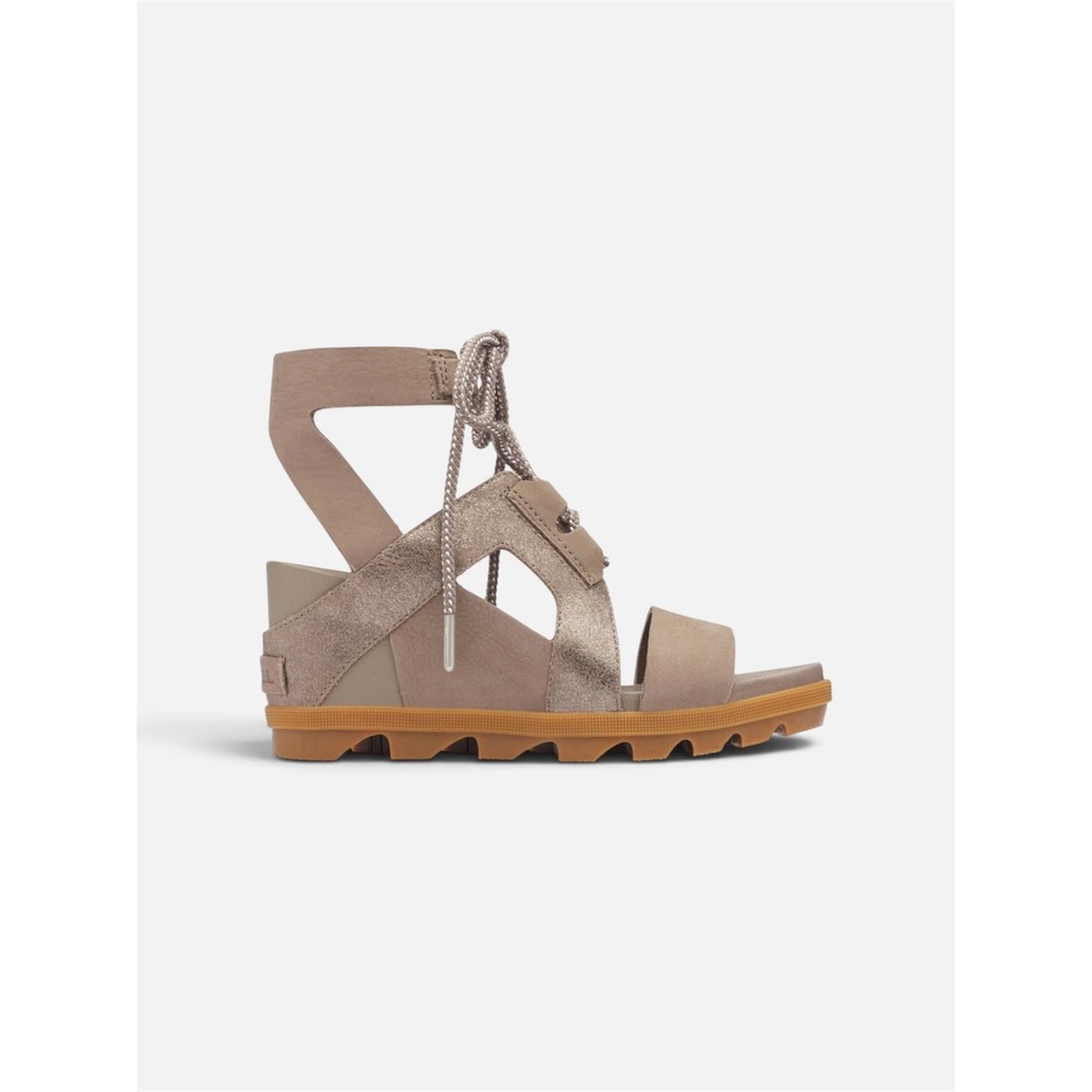 Sorel Joanie II Ankle Lace Sandal Size 9 Taupe Metallic Leather Wedge NL3550-240